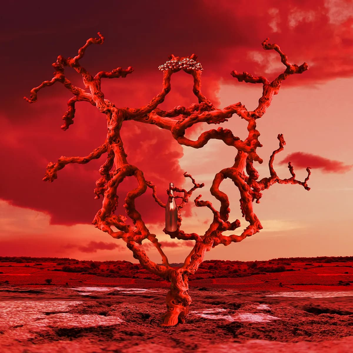 arbre rouge avec bouteille de vin